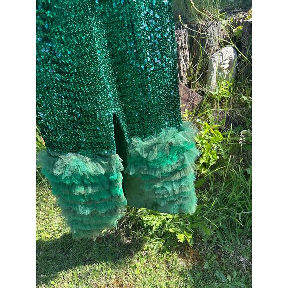 Vintage 1960s Green Sequin Formal Size S-6 Fit Ankle Length Party Black Tie Gown - Picture 13 of 15